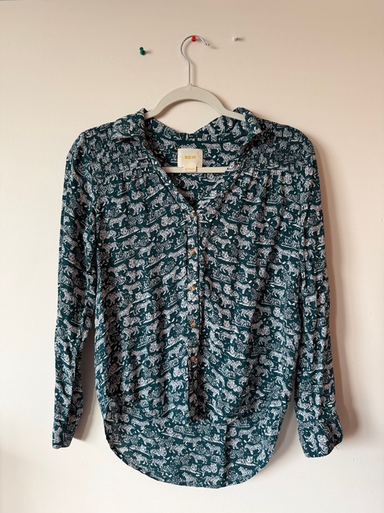 Maeve Tops - Maeve Navy Button-Down Shirt with Cream Animal Print